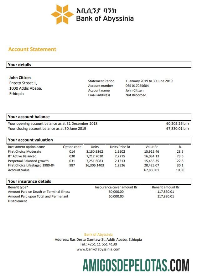 Exemplo de extrato bancário do Banco da Etiópia da Abissínia